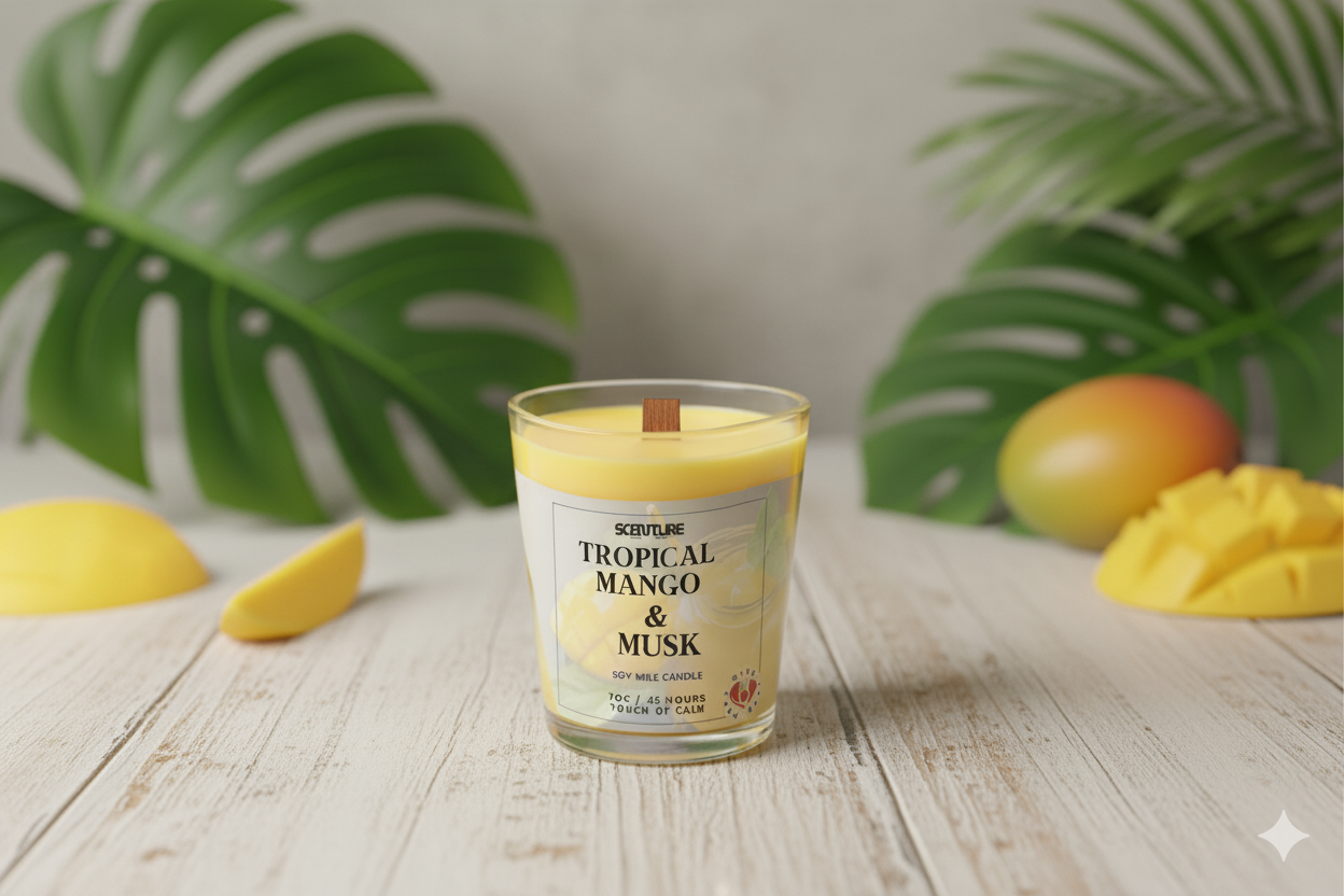 SCENTURE Tropical Mango & Musk Artisan Candle |Soy Wax Candle 6 oz | Essential Oil