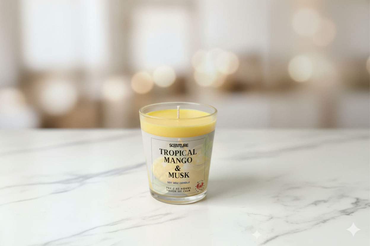 SCENTURE Tropical Mango & Musk Artisan Candle |Soy Wax Candle 6 oz | Essential Oil