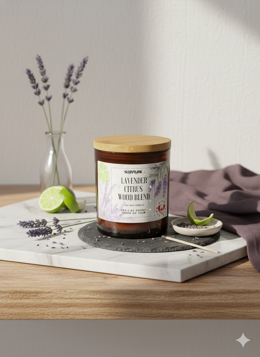 SCENTURE Luxury Lavender Candle with Citrus & Woody Essential Oils |Soy Candle 7 OZ